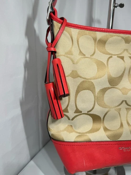 Coach Signature Canvas Red Leather Trim Large Shoulder Bag Hobo Tassel - Picture 3 of 16
